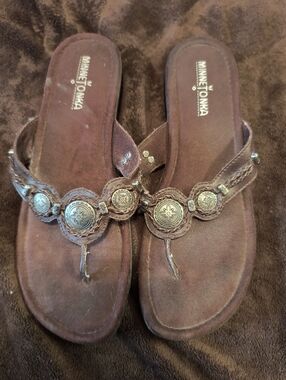 Minnetonka Brown Leather Embellished Thong Sandals